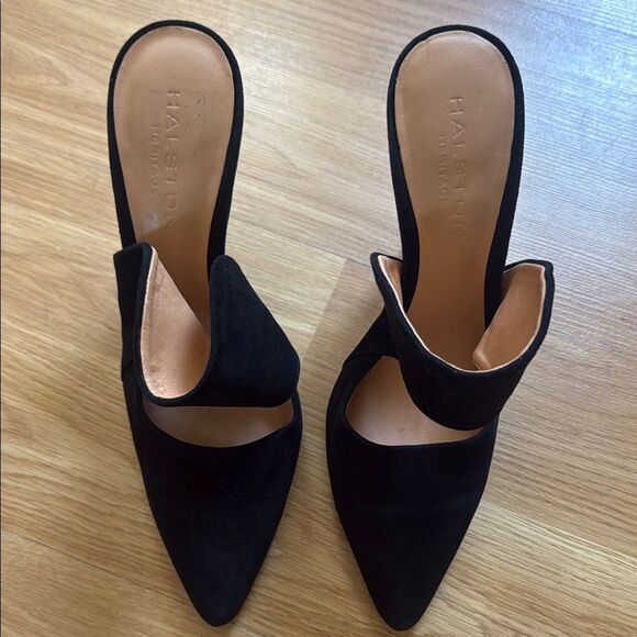Halston Heritage Heels Black Suede Stiletto Mules Colette Size 7 Leather - Picture 5 of 9